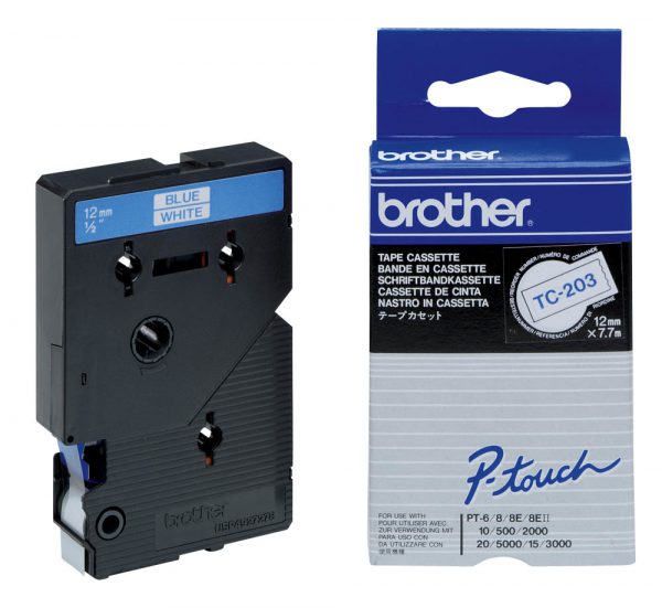 TC-203 - Brother Lettertape P-Touch 12mm 7.7m Wit Blauw