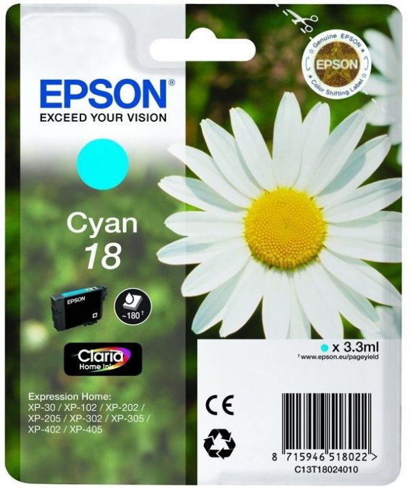 C13T18024022 - EPSON Inkt Cartridge 18 Cyaan 3,3ml 180vel 1st