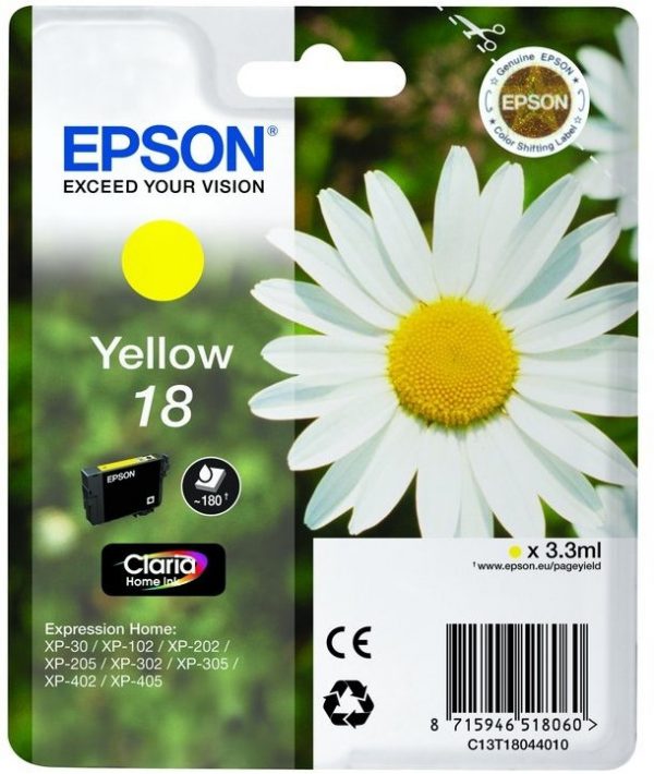 C13T18044022 - EPSON Inkt Cartridge 18 Yellow 3,3ml 180vel 1st