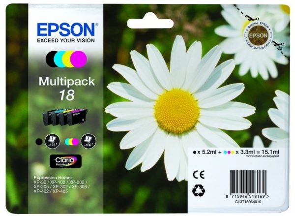 C13T18064022 - EPSON Inkt Cartridge 18 Black & Cyaan & Magenta & Yellow 15,1ml 1-Pack