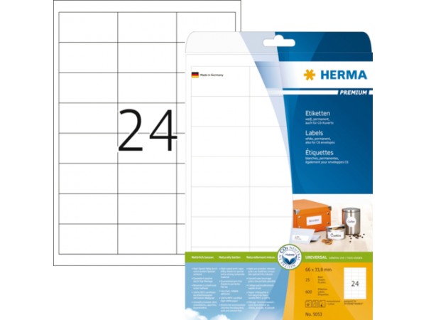 5053 - HERMA Etiket Premium 66x33.8mm 600st Wit 1 Pak