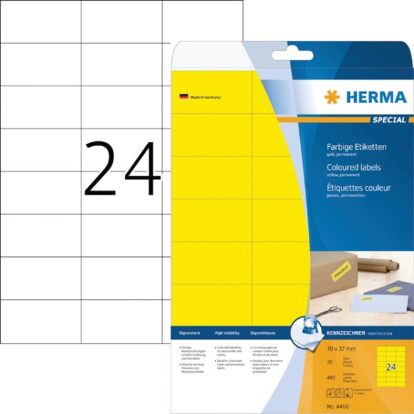 13HER4466 - HERMA Gekleurde Etiketten SuperPrint no:4466 70x37mm 480st Geel 1 Pak