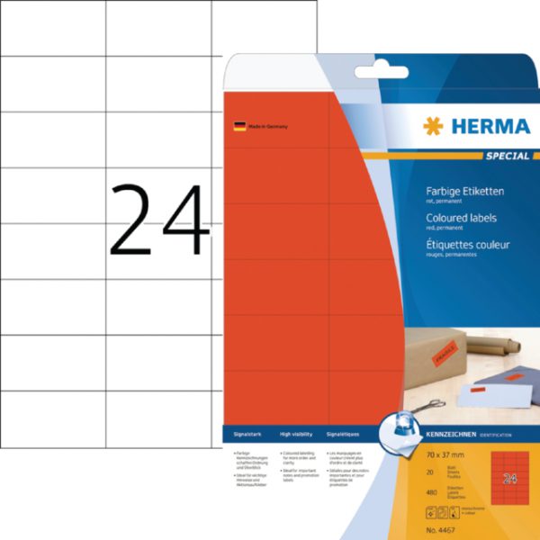 13HER4467 - HERMA Gekleurde Etiketten SuperPrint no:4467 70x37mm 480st Rood 1 Pak