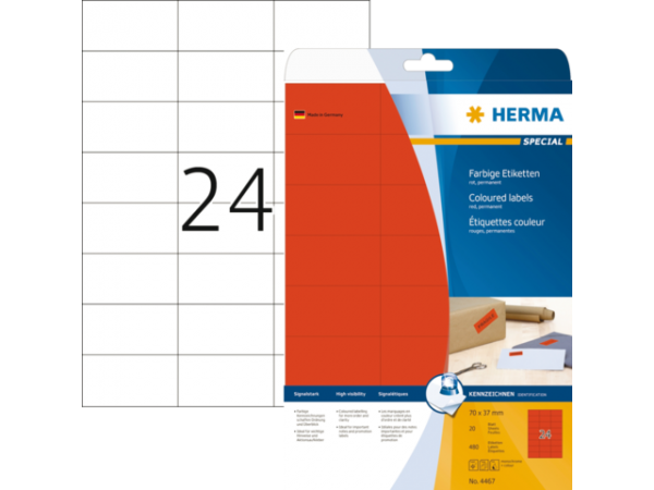 13HER4467 - HERMA Gekleurde Etiketten SuperPrint no:4467 70x37mm 480st Rood 1 Pak