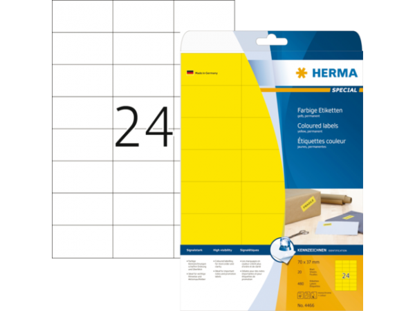 13HER4466 - HERMA Gekleurde Etiketten SuperPrint no:4466 70x37mm 480st Geel 1 Pak