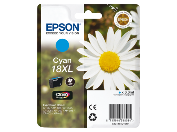 C13T18124010 - EPSON Inkt Cartridge 18XL Cyaan 6,6ml 1st