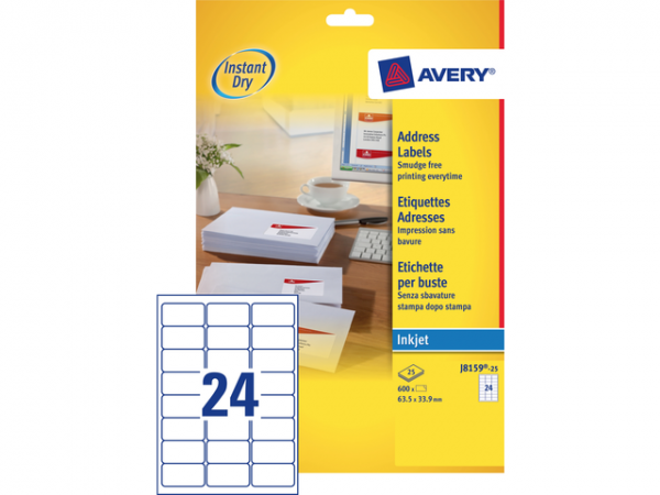 J8159-25 - AVERY Adres Etiket Papier QuickDRY J8159 63.5x33.9mm 600st Wit 1 Pak