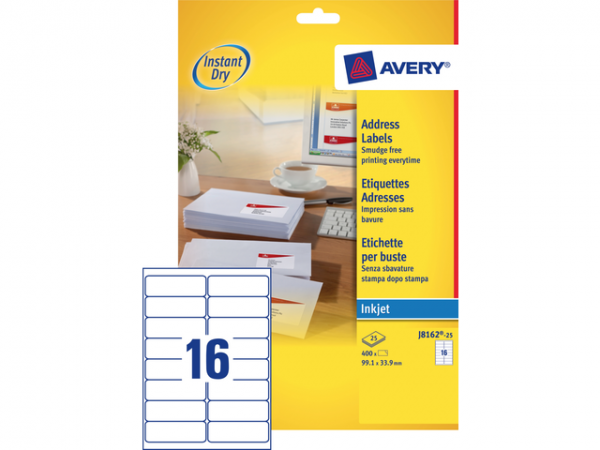 J8162-25 - AVERY Adres Etiket QuickDRY J8162 99.1x33.9mm 400st Wit 1 Pak