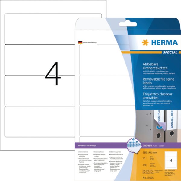 10165 - HERMA Rugetiketten Verwijderbaar 192x61mm 100st Wit 1 Pak