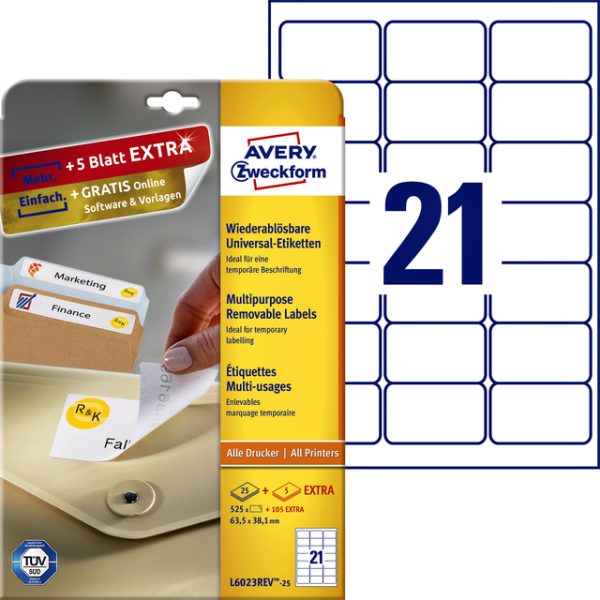 L6023REV-25 - Avery Etiket Verwijderbaar L6023REV 63.5x38.1mm 525st Wit 1 Pak