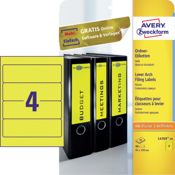 L4769-20 - Avery Rugetiket Zelfklevend L4769-20 Geel 1Pak 192x61mm