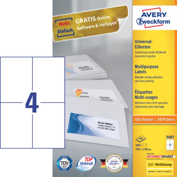 3483 - Avery Universal Etiket Zweckform no:3483 105x148mm 400st Wit