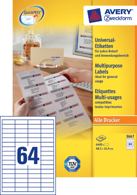 3667 - Avery Universal Etiket Zweckform 48.5x16.9mm 6.400st Wit