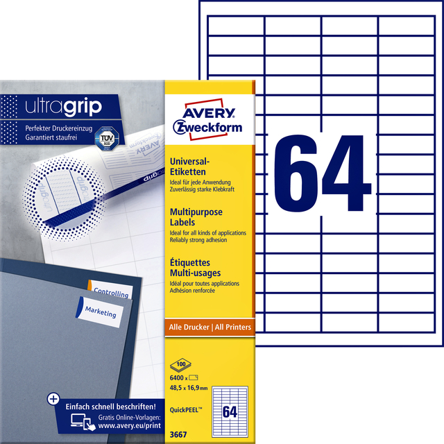 3667 - Avery Universal Etiket Zweckform 48.5x16.9mm 6.400st Wit