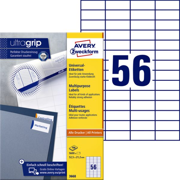 3668 - Avery Universal Etiket Zweckform 52.5x21.2mm 5.600st Wit