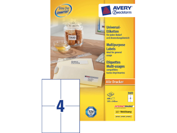 3483 - Avery Universal Etiket Zweckform no:3483 105x148mm 400st Wit