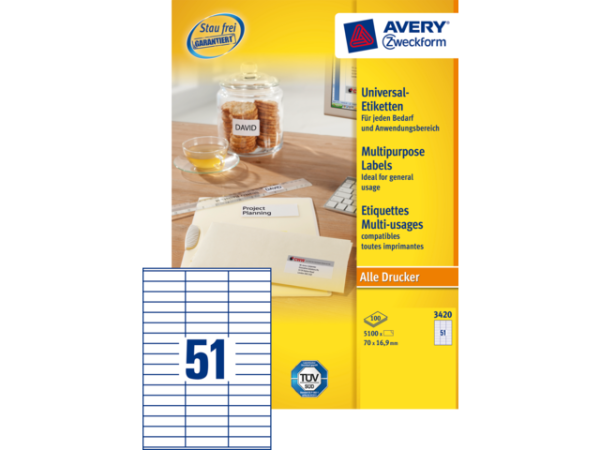 3420 - Avery Universal Etiket Zweckform no:3420 70x16.9mm 5.100st Wit