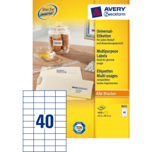 3651 - Avery Universal Etiket Zweckform 52.5x29.7mm 4.000st Wit