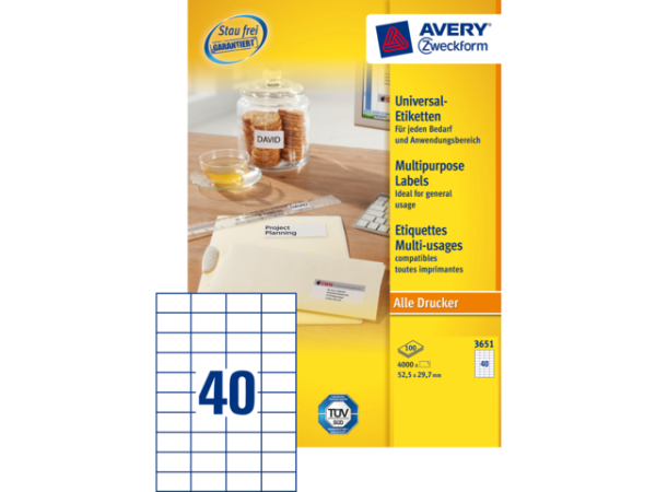 3651 - Avery Universal Etiket Zweckform 52.5x29.7mm 4.000st Wit