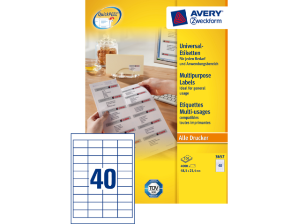 3657 - Avery Universal Etiket Zweckform 48.5x25.4mm 4.000st Wit