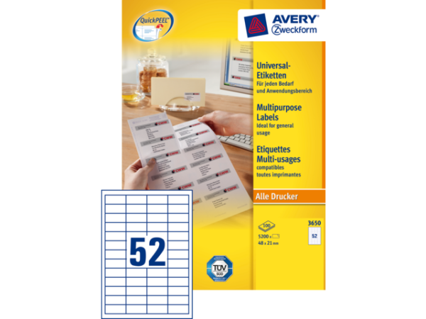 3650 - Avery Universal Etiket Zweckform no:3650 48x21mm 5.200st Wit