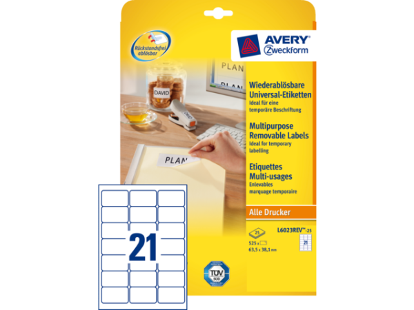 L6023REV-25 - Avery Etiket Verwijderbaar L6023REV 63.5x38.1mm 525st Wit 1 Pak