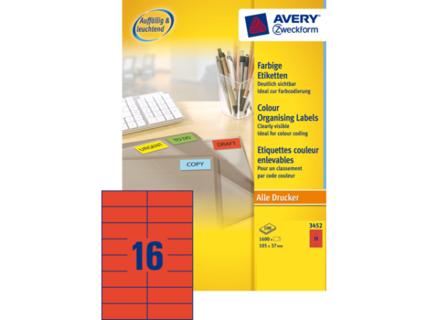 3452 - Avery Gekleurde Etiketten Zweckform 105x37mm 1.600st Rood