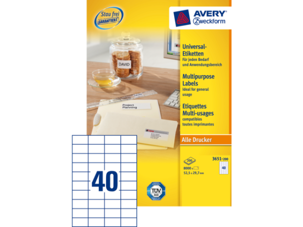 3651-200 - Avery Universal Etiket Zweckform no:3651-200 52.5x29.7mm 8.000st Wit