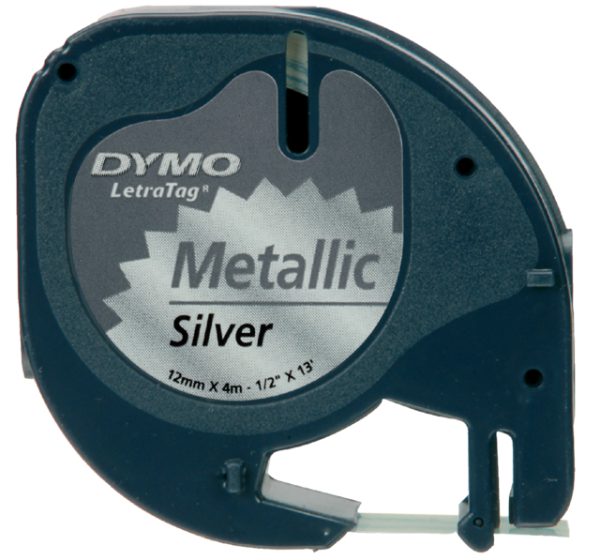 S0721730 - DYMO Lettertape LetraTag 12mm 4m Zilver Zwart Metaal 91208