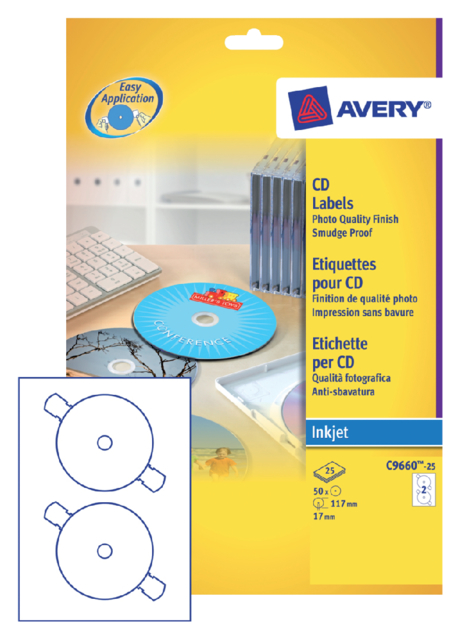C9660-25 - Avery CD/DVD Etiket Zweckform Ø117mm 50st Hoogglans