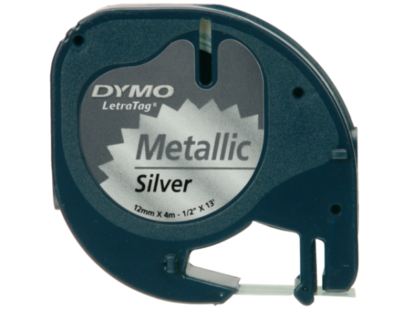 S0721730 - DYMO Lettertape LetraTag 12mm 4m Zilver Zwart Metaal 91208