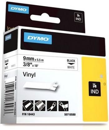 S0718580 - DYMO Lettertape RHINO 9mm 5,5m Wit Zwart Vinyl 18443