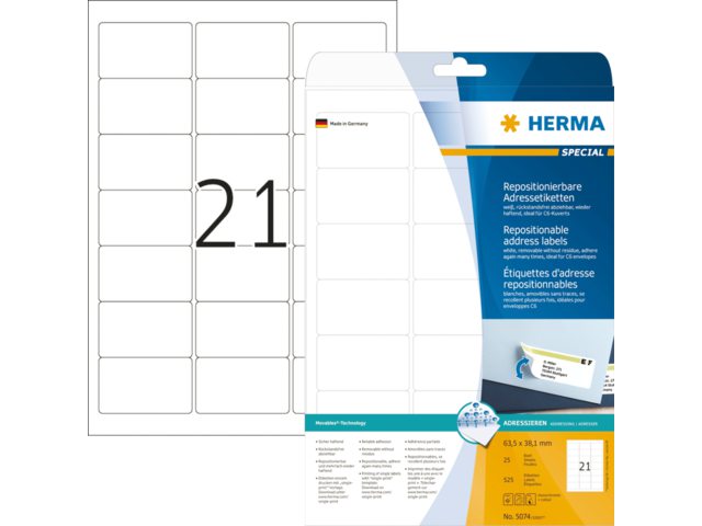 HERMA Adres Etiket Permanent 63x38.1mm Wit 525st 1 Pak