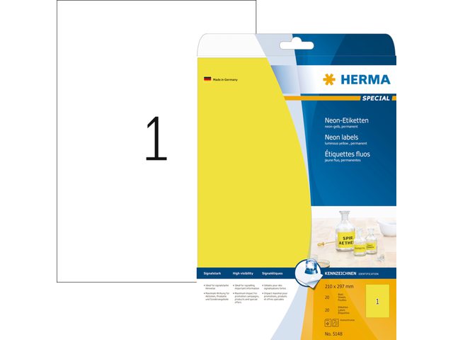 5148 - HERMA Gekleurde Etiketten Signalering 210x297mm 20st Fluor Geel 1 Pak