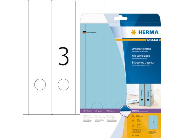 5138 - HERMA Rugetiket Zelfklevend 5138 Blauw 60st 297x61mm