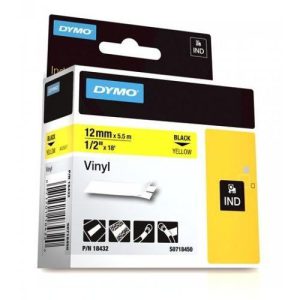 S0718450 - DYMO Lettertape RHINO 12mm 5,5m Geel Zwart Vinyl 18432