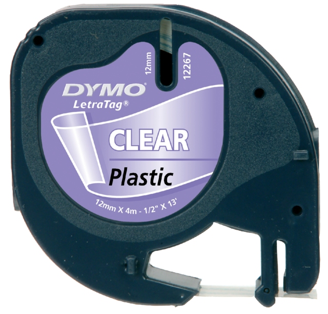 DYMO Lettertape LetraTag 12mm 4m Transparant Zwart Plastic 12267
