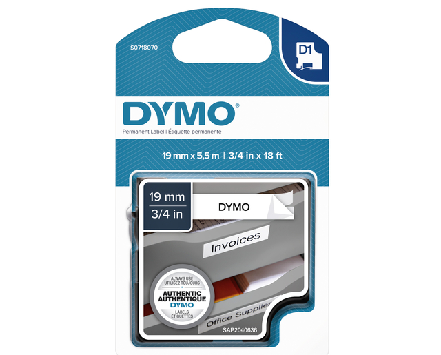S0718070 - DYMO Lettertape D1 19mm 5,5m Wit Zwart Polyester 16960