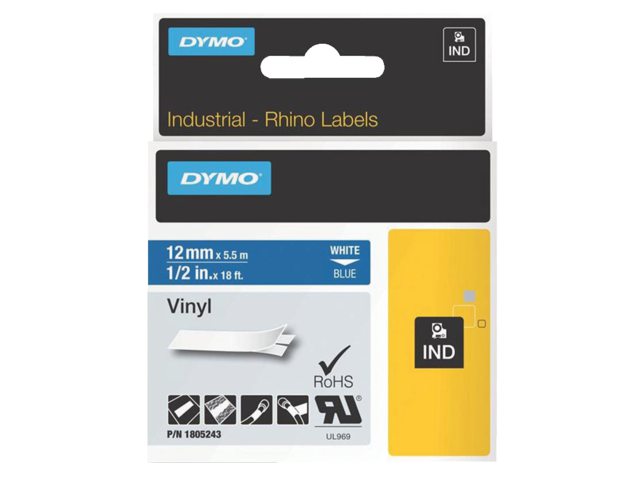 1805243 - DYMO Lettertape RHINO 12mm 5,5m Blauw Wit Vinyl