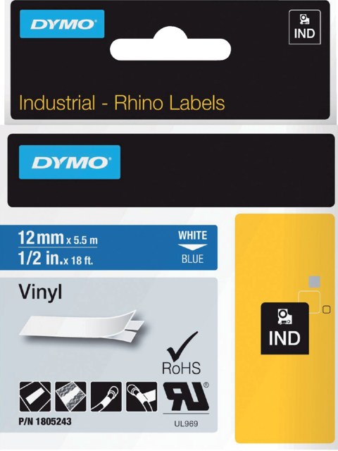 1805243 - DYMO Lettertape RHINO 12mm 5,5m Blauw Wit Vinyl