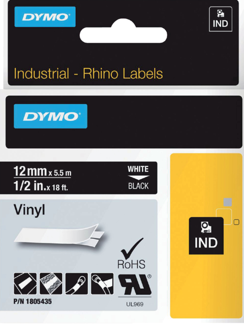 1805435 - DYMO Lettertape RHINO 12mm 5,5m Zwart Wit Vinyl