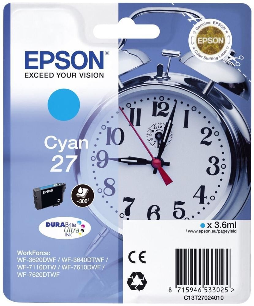 Epson 27 ink cartridge cyan standard capacity 3.5ml 350 pages 1-pack rf-am blister - durabrite ultra