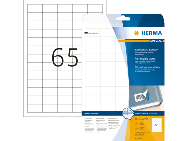 Herma Speciaal Etiket Papier Verwijderbaar no:4212 38.1x21.2mm Wit 1.625st 1 Pak