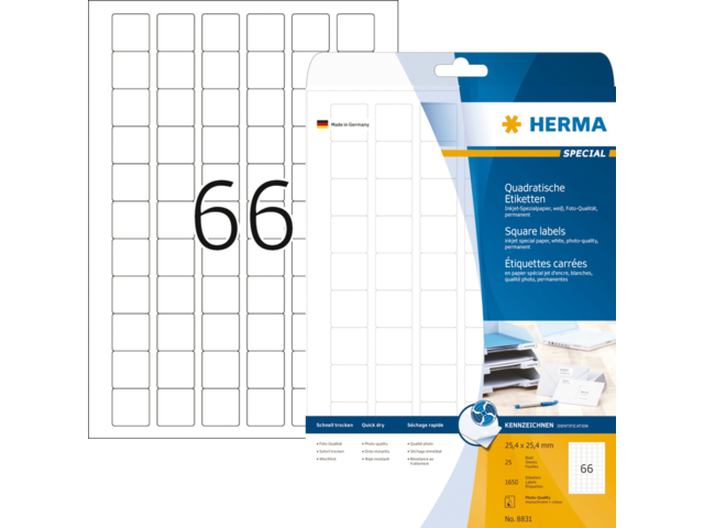 8831 - HERMA Speciaal Etiket no:8831 25.4x25.4mm 1.650st Wit 1 Pak