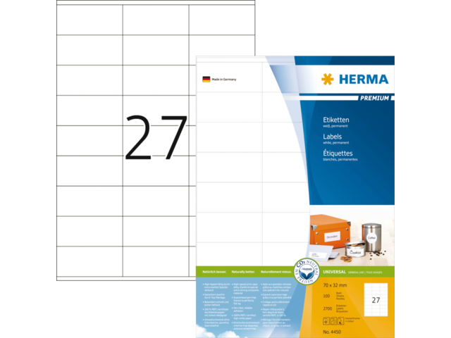 HERMA Etiket Premium 70x32mm Wit 2.700st 1 Pak
