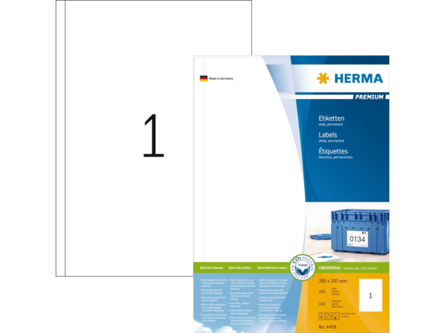 Herma Zelfklevende SuperPrint Etiketten 4458 A4 200x297mm 100st Wit 1pak