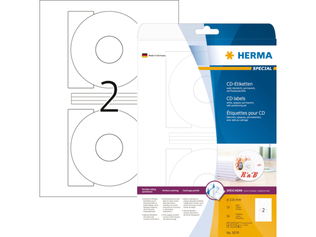 HERMA CD/DVD Etiket SuperPrint no:8624 Ø116mm 20st Wit 1 Pak
