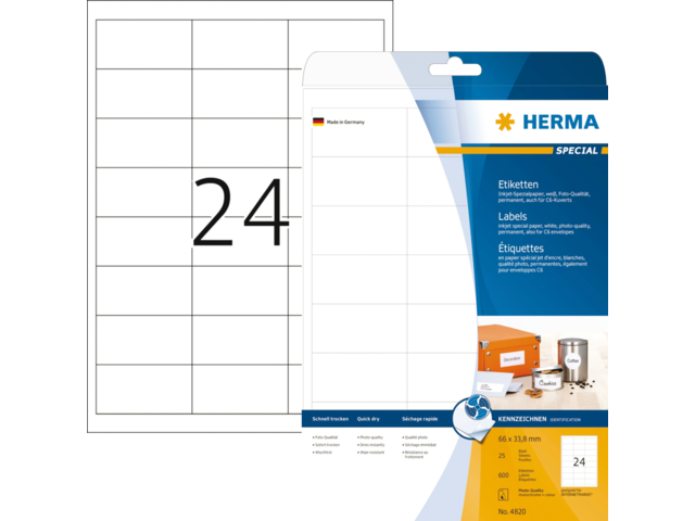 4820 - HERMA Speciaal Etiket no:4820 66x33.8mm 600st Wit 1 Pak