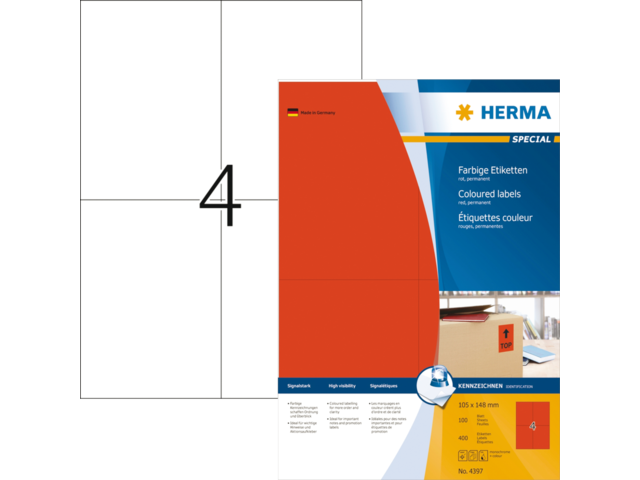 4397 - HERMA Gekleurde Etiketten Signalering 105x148mm 400st Rood 1 Pak