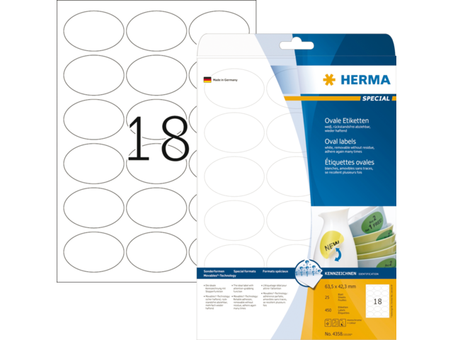 Herma Speciaal Etiket Verwijderbaar no:4358 63.5x42.3mm Wit 450st 1 Pak